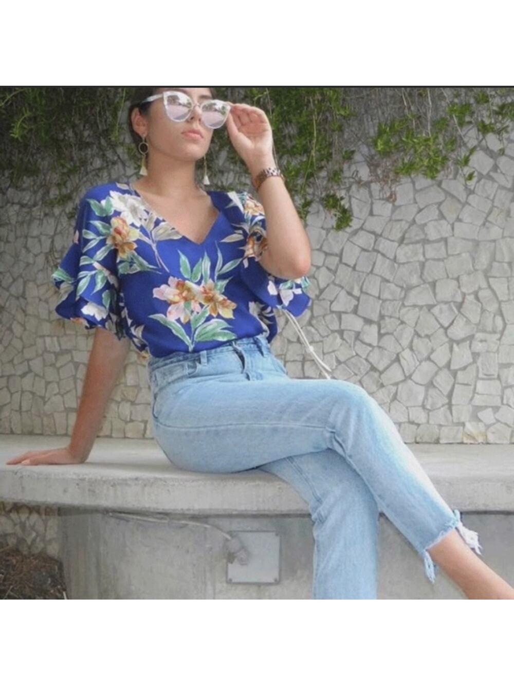 Zara‎ floral tiered ruffle sleeve top